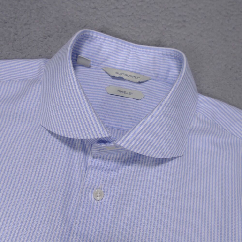 Suitsupply Button Up Shirt 16.5 Extra Slim Blue Long Sleeve Traveller Cutaway